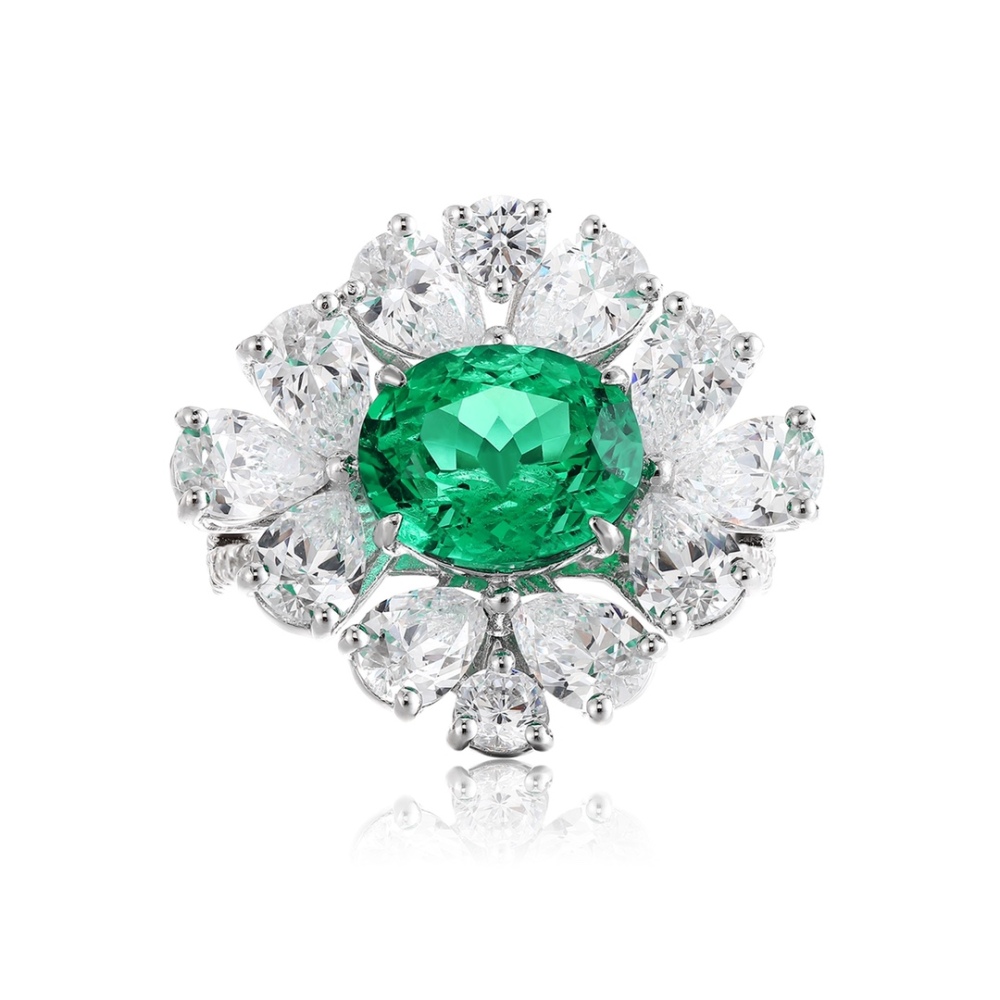 Floral Cluster Lab-Grown Emerald S925 Silver Statement Ring