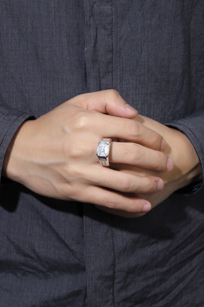 Emerald-Cut Moissanite Men’s S925 Silver Statement Ring