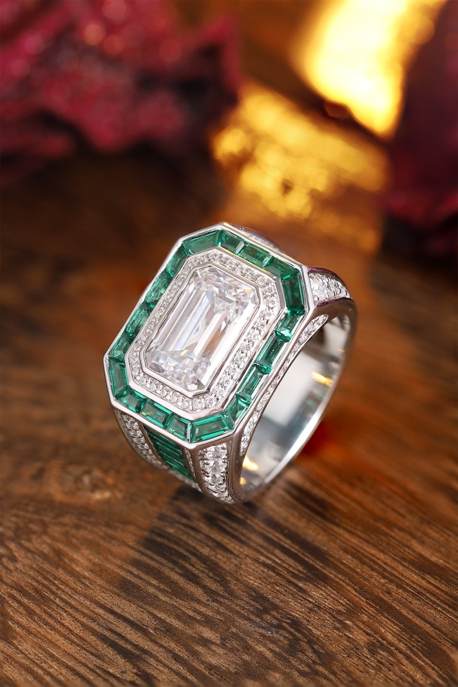 Emerald-Cut Simulated Diamond Men’s S925 Silver Statement Ring