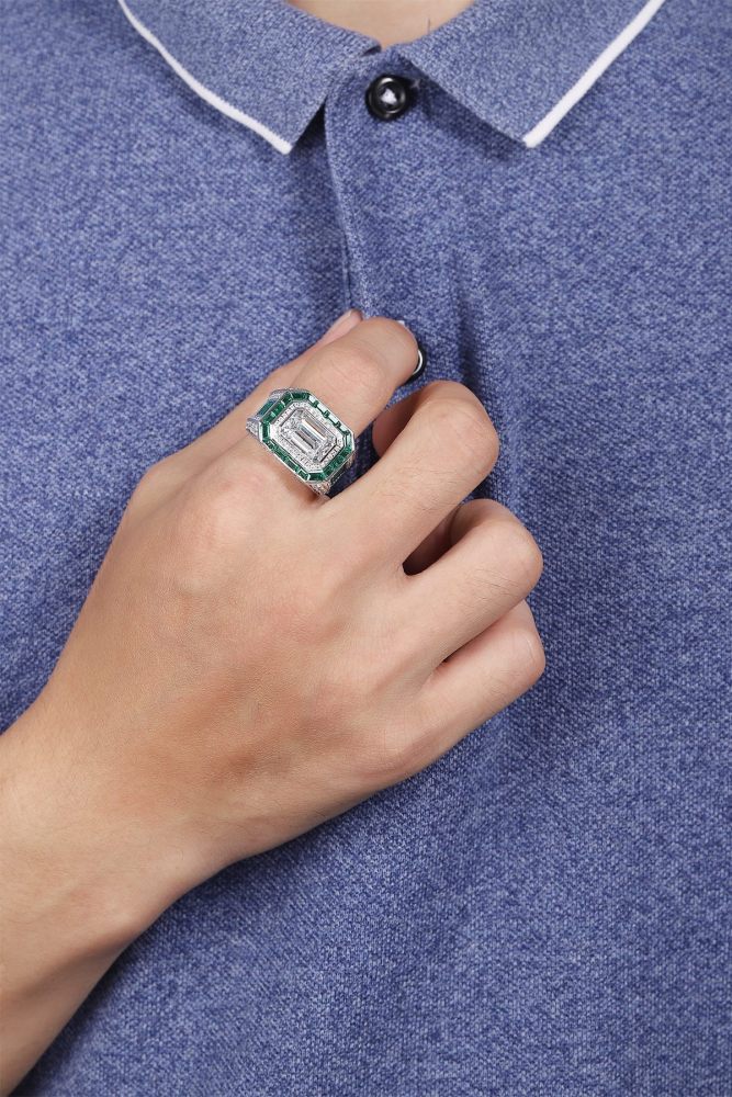 Emerald-Cut Simulated Diamond Men’s S925 Silver Statement Ring