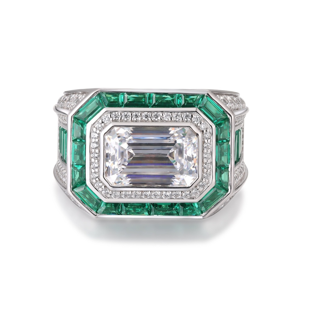 Emerald-Cut Simulated Diamond Men’s S925 Silver Statement Ring