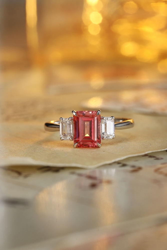 Emerald-Cut Lab-Grown Padparadscha Sapphire Three-Stone Ring in Sterling Silver