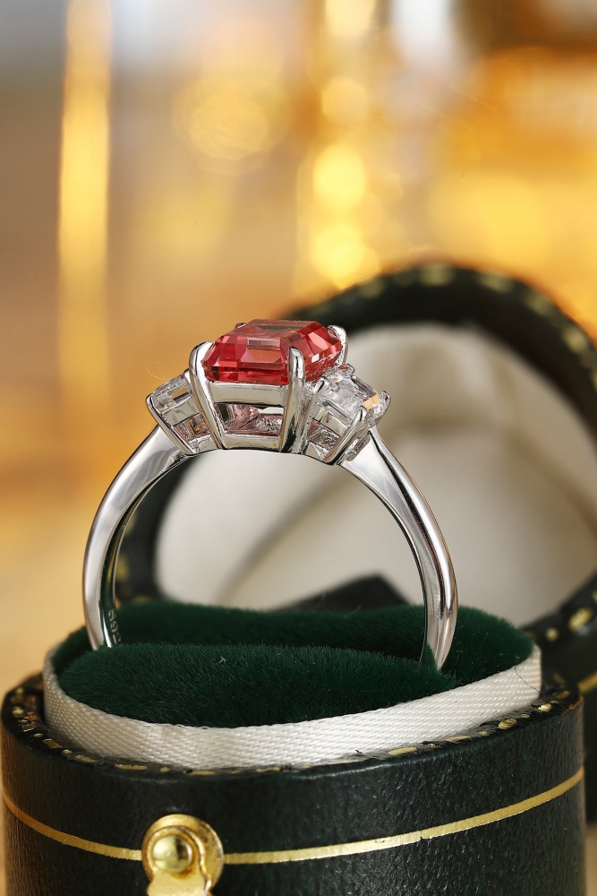 Emerald-Cut Lab-Grown Padparadscha Sapphire Three-Stone Ring in Sterling Silver