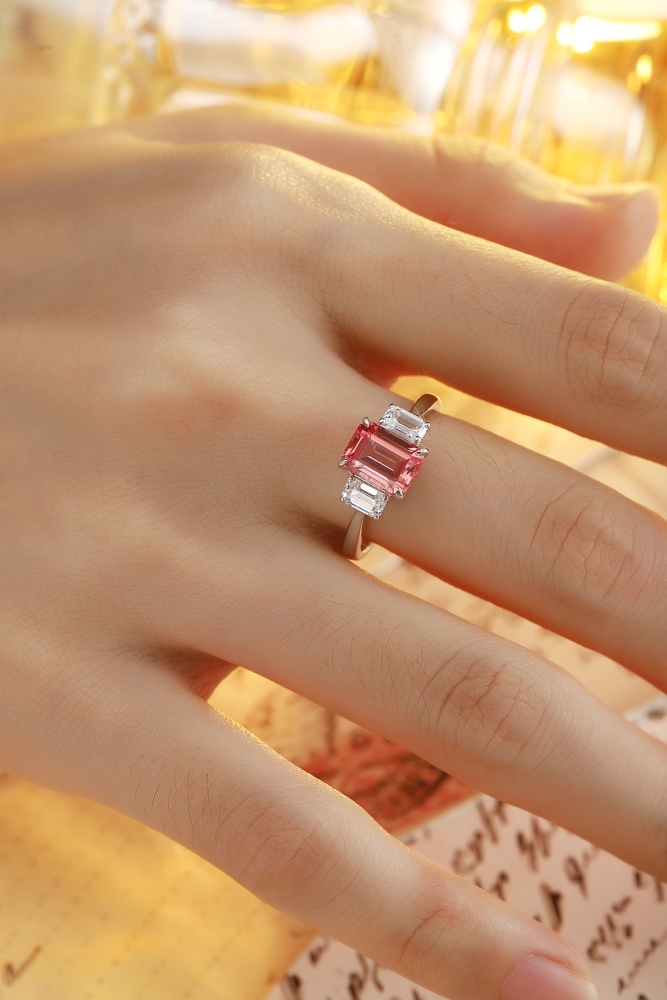 Emerald-Cut Lab-Grown Padparadscha Sapphire Three-Stone Ring in Sterling Silver