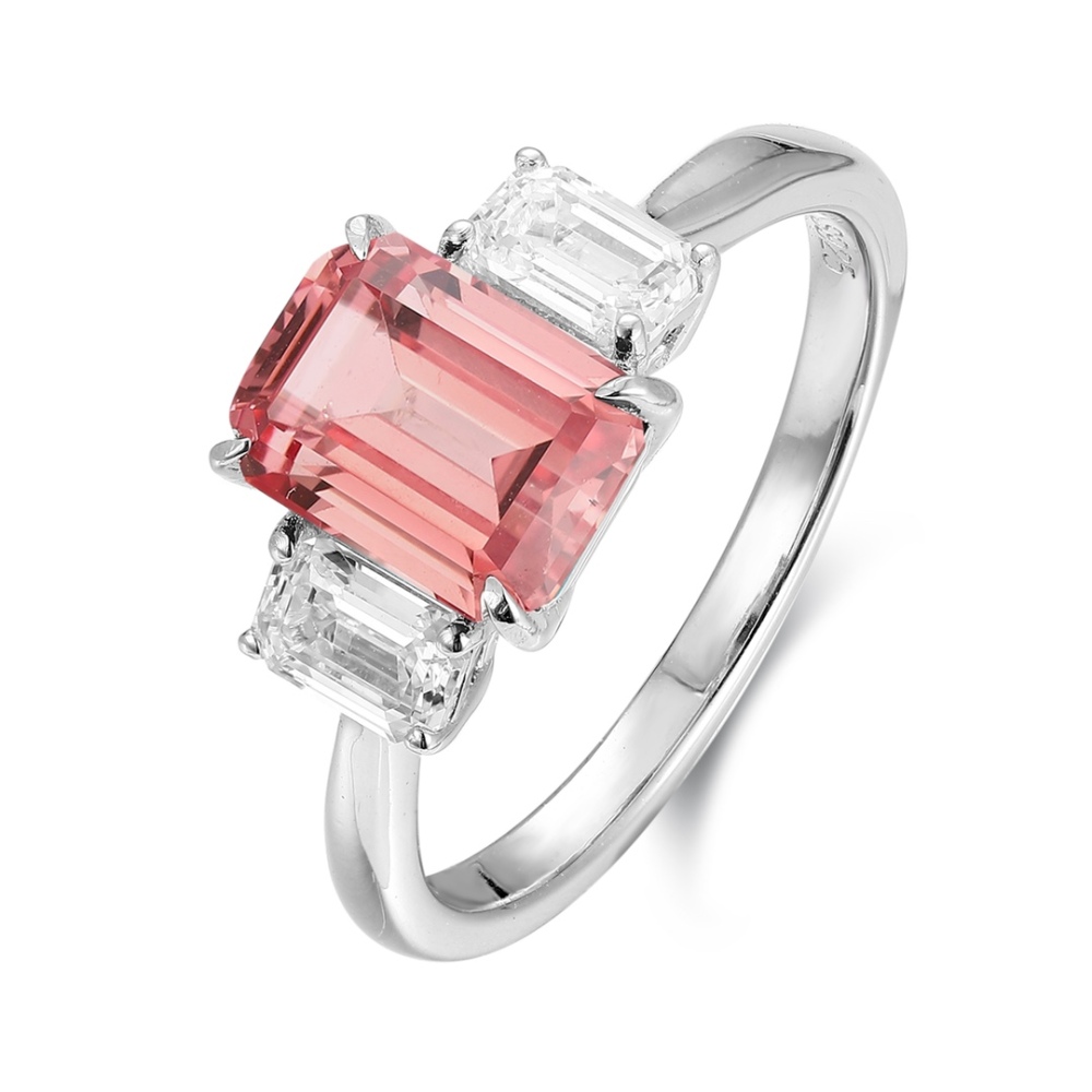 Emerald-Cut Lab-Grown Padparadscha Sapphire Three-Stone Ring in Sterling Silver