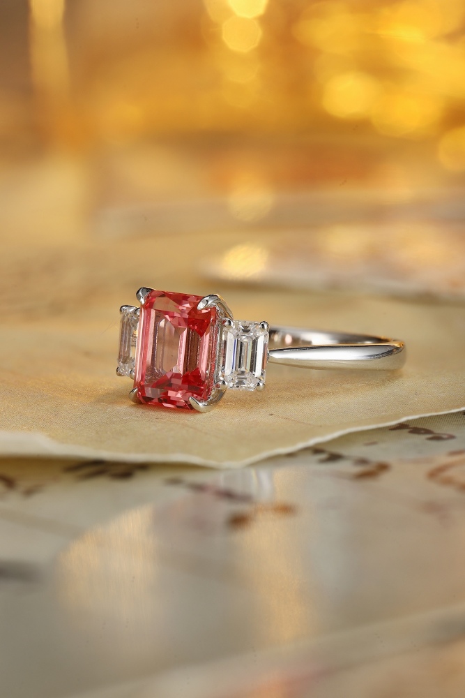 Emerald-Cut Lab-Grown Padparadscha Sapphire Three-Stone Ring in Sterling Silver