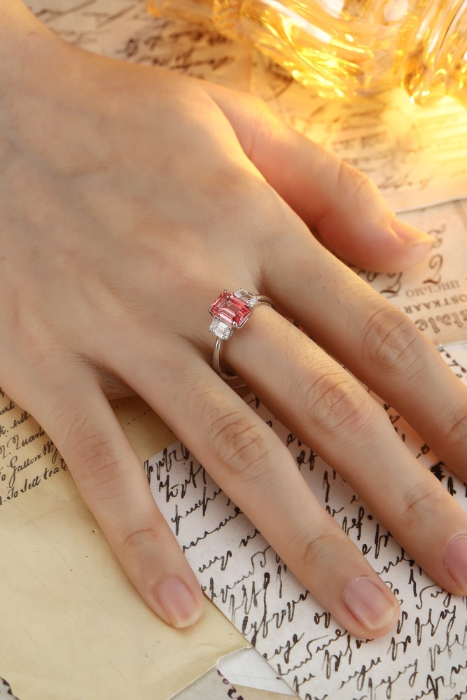 Emerald-Cut Lab-Grown Padparadscha Sapphire Three-Stone Ring in Sterling Silver