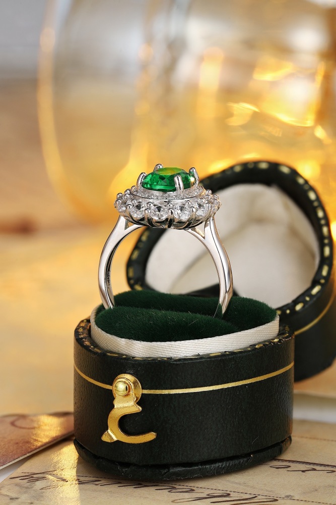 Oval-Cut Lab-Grown Emerald Double Halo Ring in Sterling Silver