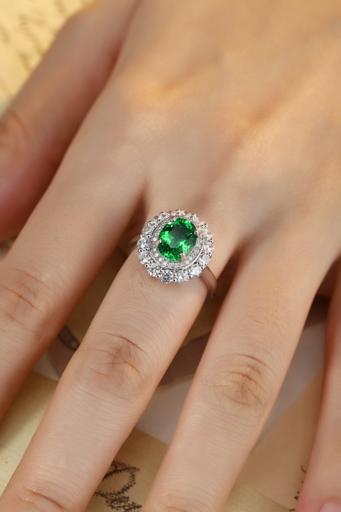 Oval-Cut Lab-Grown Emerald Double Halo Ring in Sterling Silver