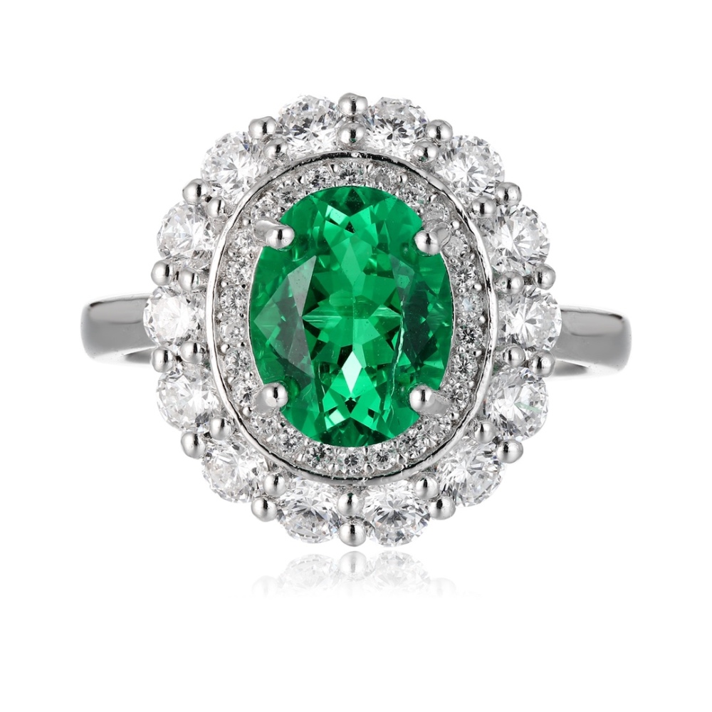 Oval-Cut Lab-Grown Emerald Double Halo Ring in Sterling Silver