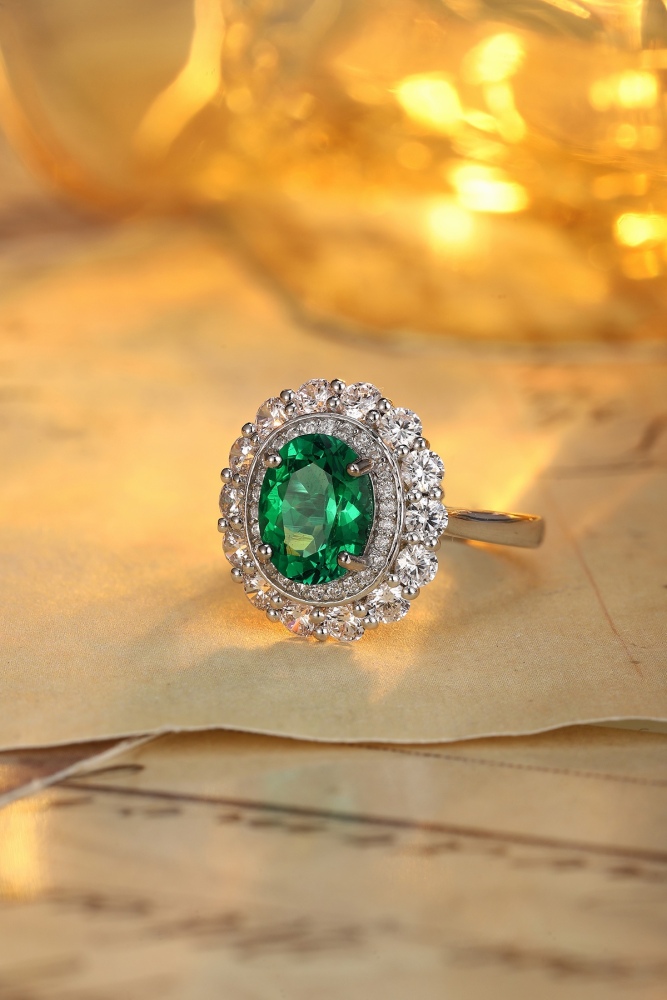 Oval-Cut Lab-Grown Emerald Double Halo Ring in Sterling Silver