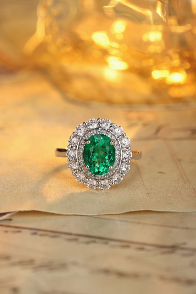 Oval-Cut Lab-Grown Emerald Double Halo Ring in Sterling Silver