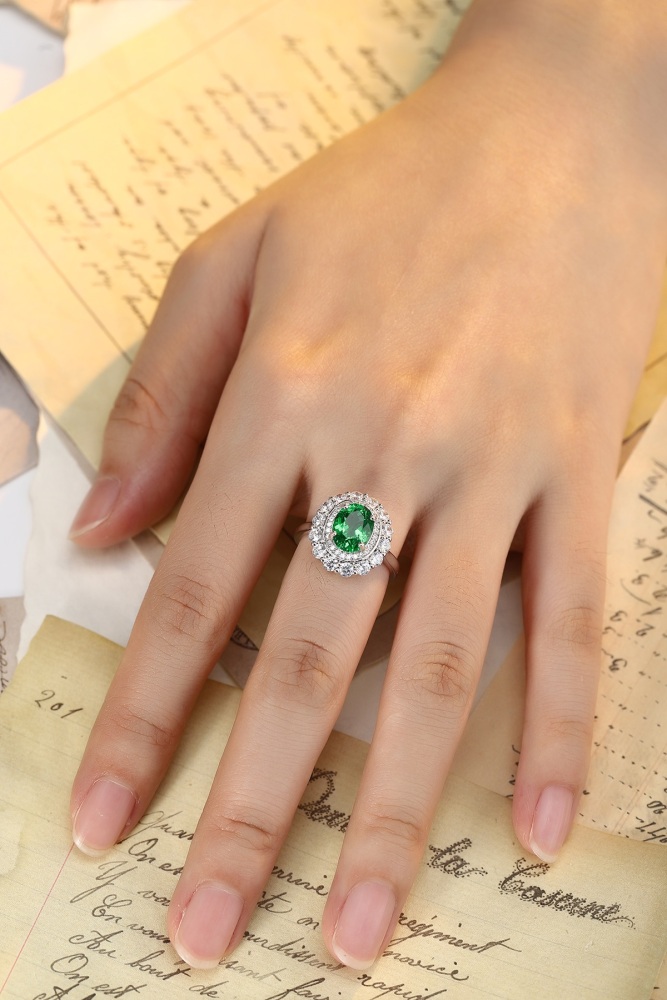 Oval-Cut Lab-Grown Emerald Double Halo Ring in Sterling Silver