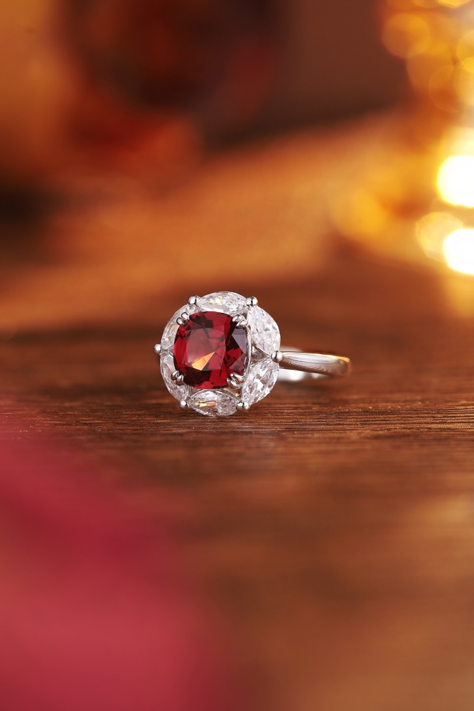 Cushion-Cut Natural Garnet Halo Ring in Sterling Silver