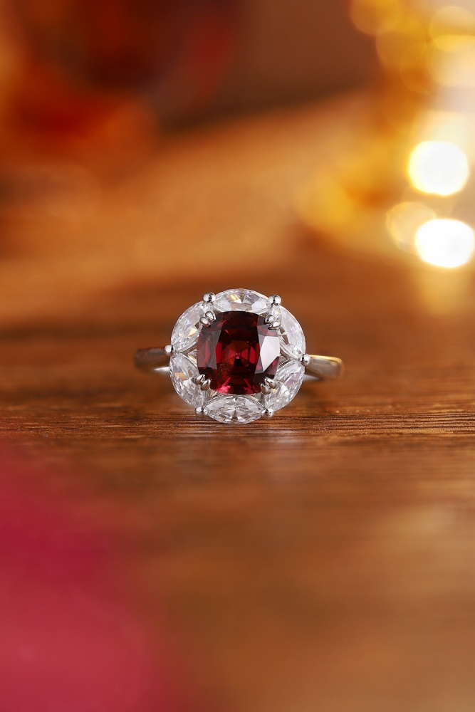 Cushion-Cut Natural Garnet Halo Ring in Sterling Silver