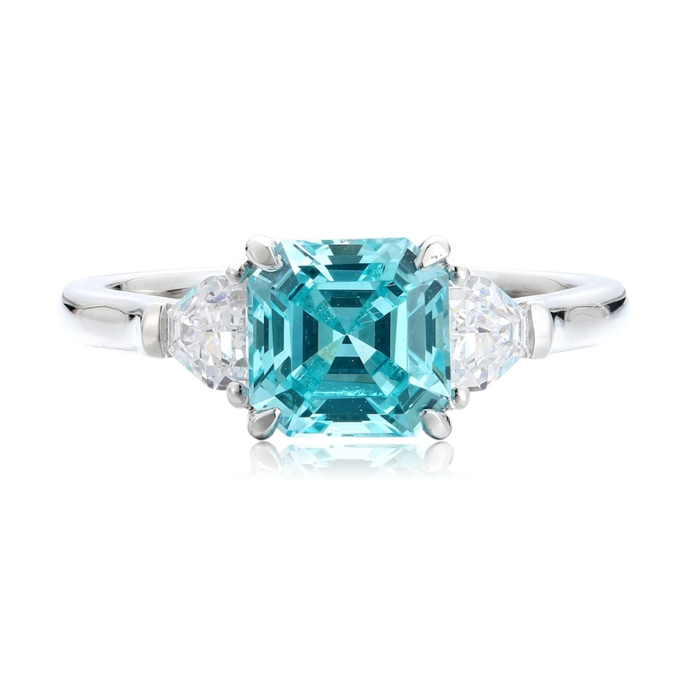 Emerald-Cut Lab-Grown Paraiba Tourmaline Three-Stone Ring in Sterling Silver