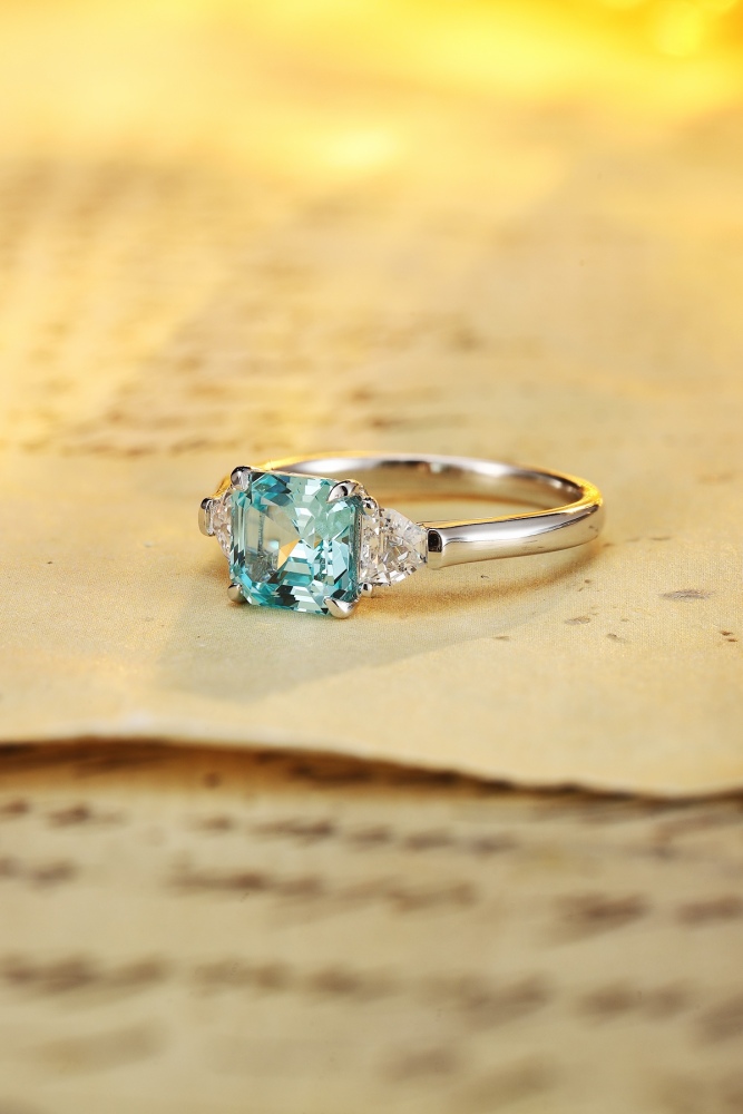 Emerald-Cut Lab-Grown Paraiba Tourmaline Three-Stone Ring in Sterling Silver