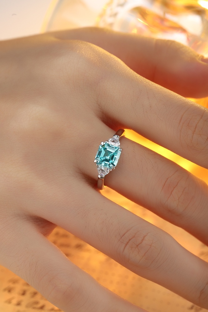 Emerald-Cut Lab-Grown Paraiba Tourmaline Three-Stone Ring in Sterling Silver