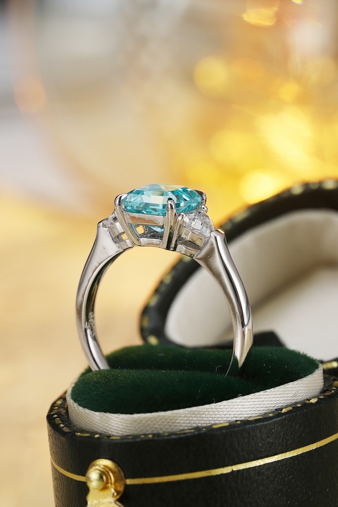 Emerald-Cut Lab-Grown Paraiba Tourmaline Three-Stone Ring in Sterling Silver