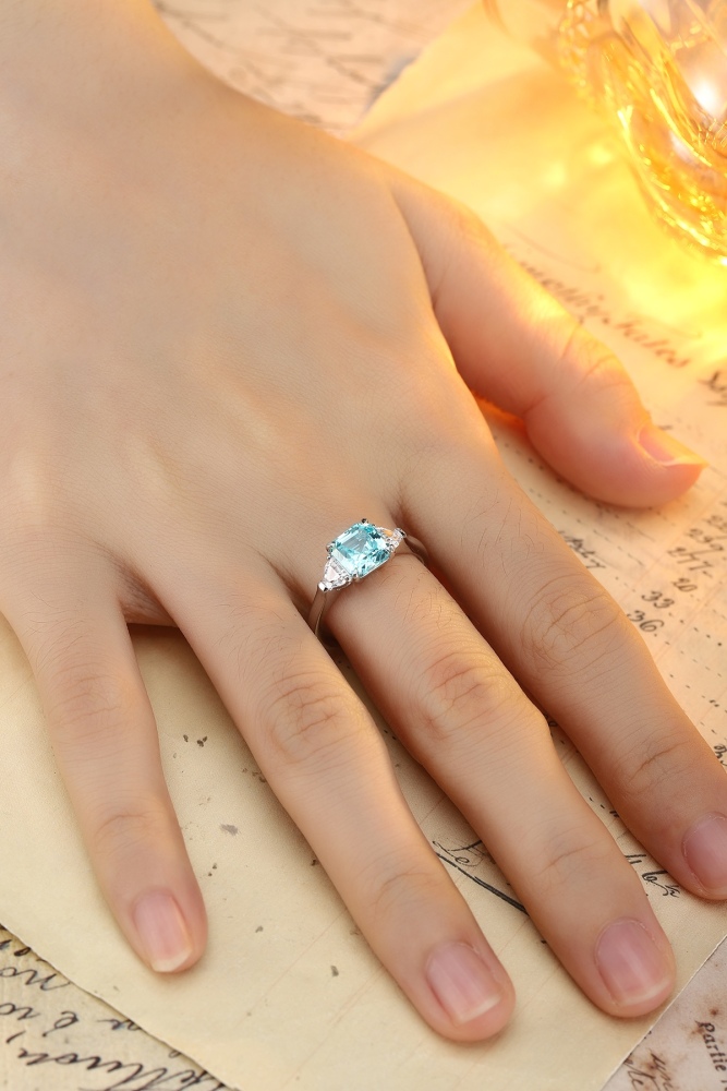 Emerald-Cut Lab-Grown Paraiba Tourmaline Three-Stone Ring in Sterling Silver