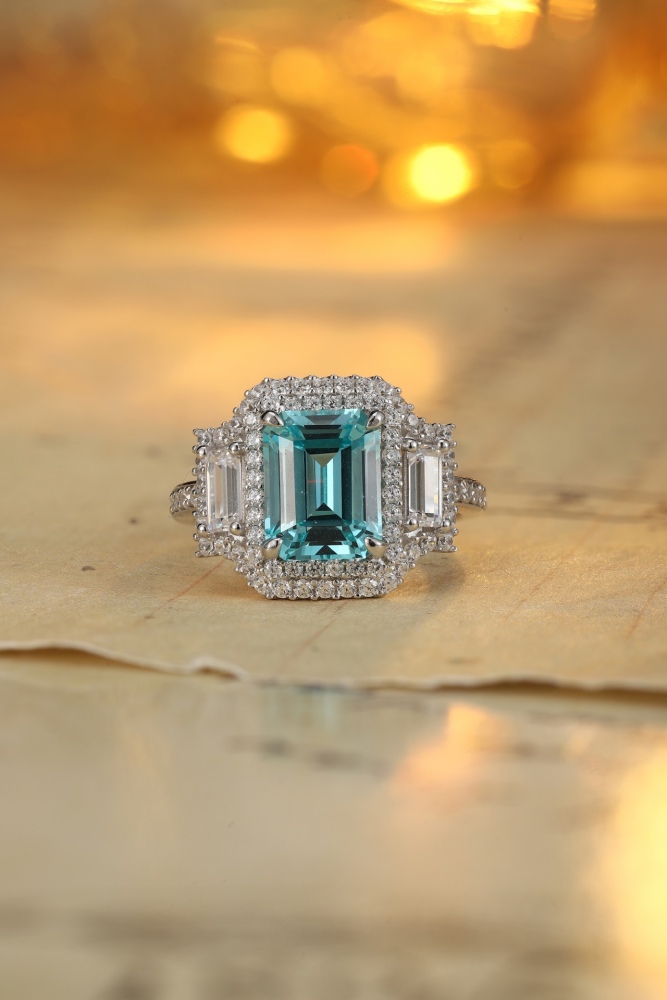 Emerald-Cut Lab-Grown Paraiba Tourmaline Double Halo Ring in Sterling Silver