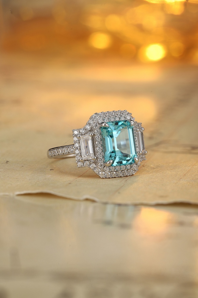 Emerald-Cut Lab-Grown Paraiba Tourmaline Double Halo Ring in Sterling Silver