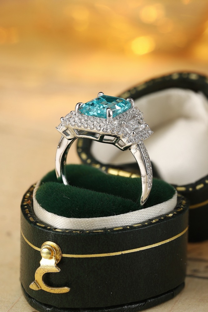Emerald-Cut Lab-Grown Paraiba Tourmaline Double Halo Ring in Sterling Silver