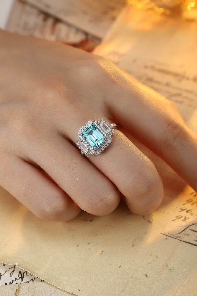 Emerald-Cut Lab-Grown Paraiba Tourmaline Double Halo Ring in Sterling Silver