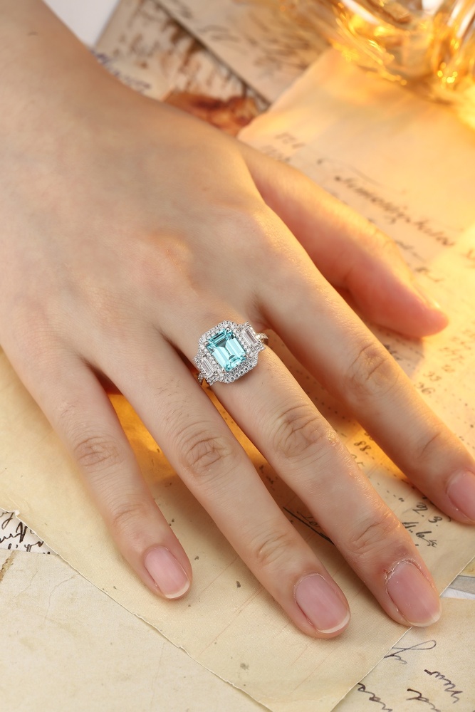 Emerald-Cut Lab-Grown Paraiba Tourmaline Double Halo Ring in Sterling Silver