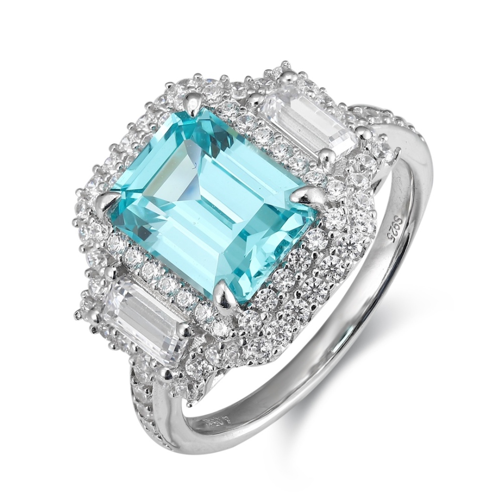 Emerald-Cut Lab-Grown Paraiba Tourmaline Double Halo Ring in Sterling Silver