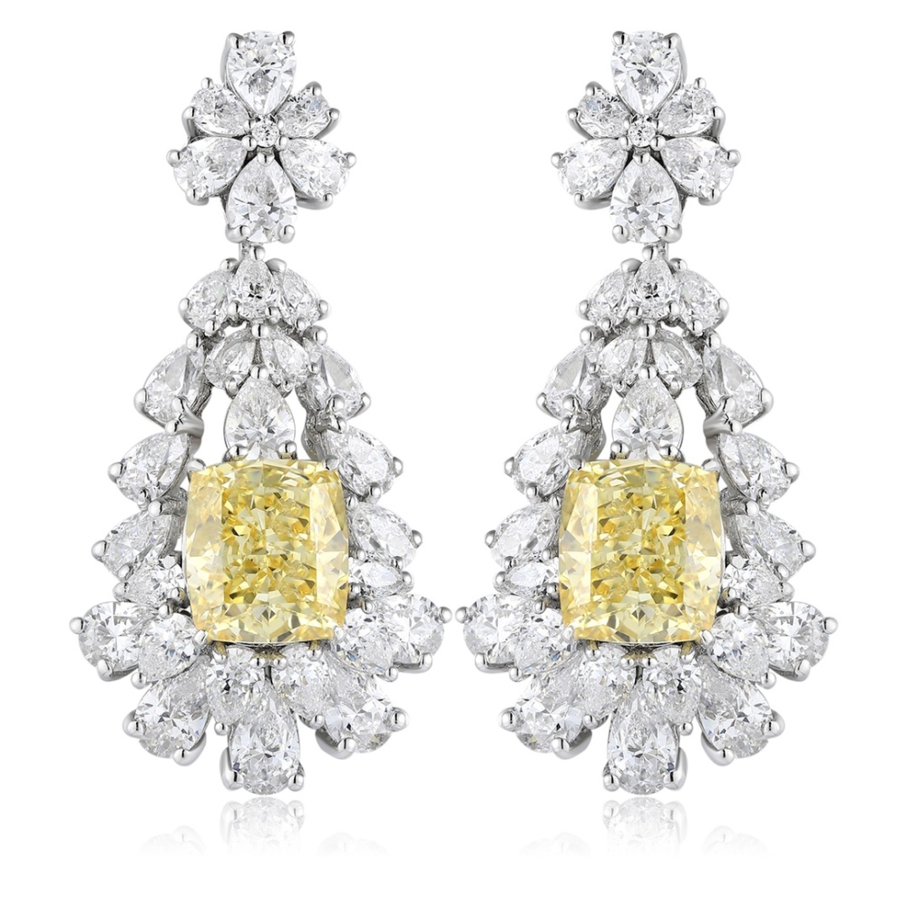 S925 Silver Stud Earrings with Simulated Yellow and White Diamonds