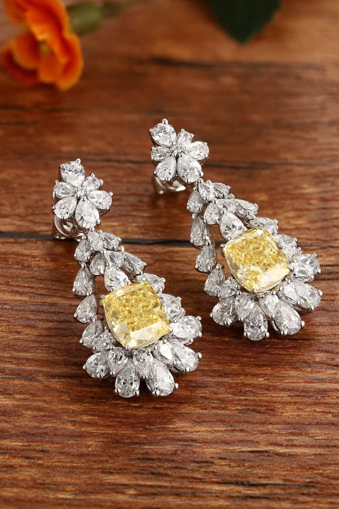 S925 Silver Stud Earrings with Simulated Yellow and White Diamonds