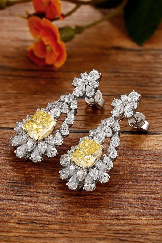 S925 Silver Stud Earrings with Simulated Yellow and White Diamonds