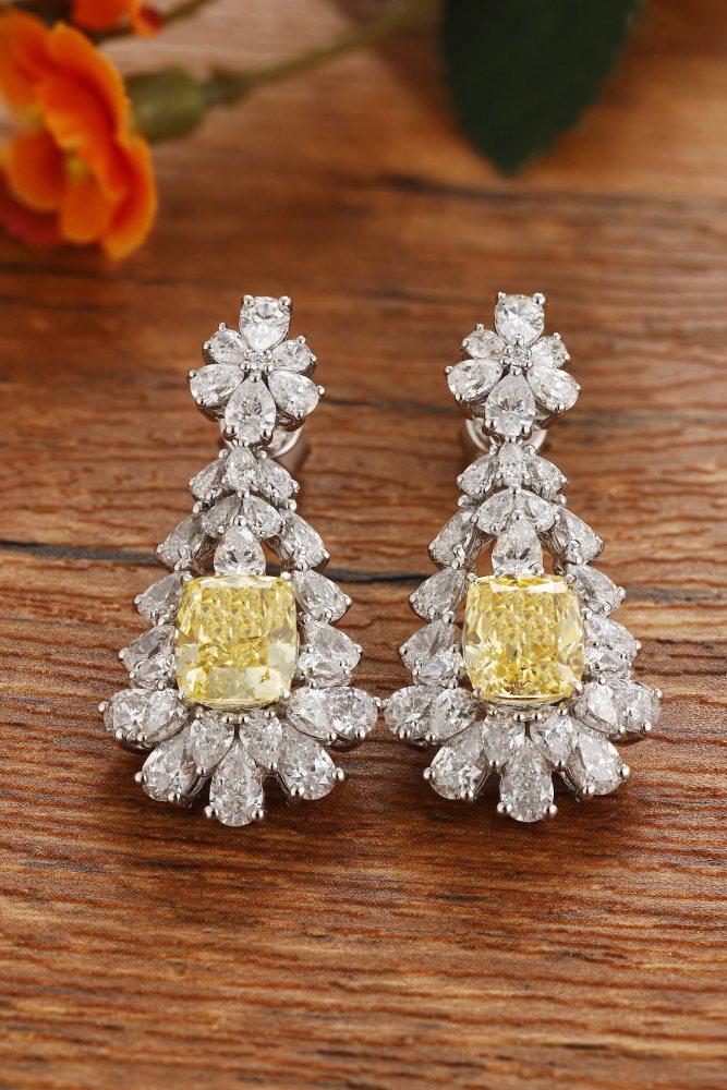 S925 Silver Stud Earrings with Simulated Yellow and White Diamonds