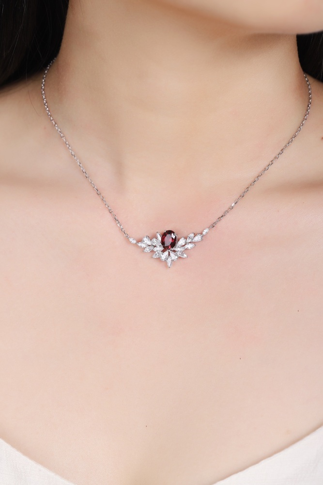 S925 Sterling Silver Natural Garnet Necklace Y