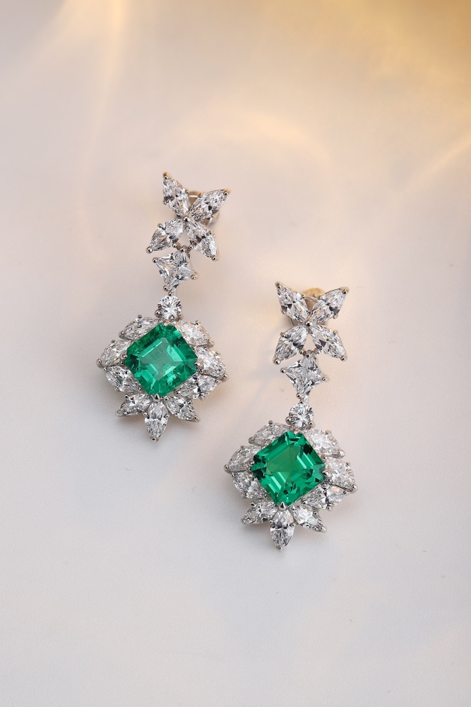S925 Silver Stud Earrings Set with Lab-Grown Emeralds