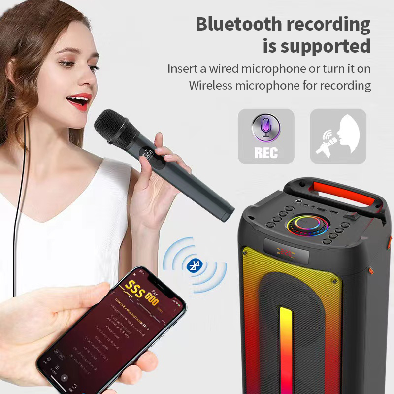 40w Powerful Dual 4inch Deep bass 2.1Channl System Music Party Speaker Record,EQ,AUX,FM BT5.0 Wireless Mic for outdoor Camping