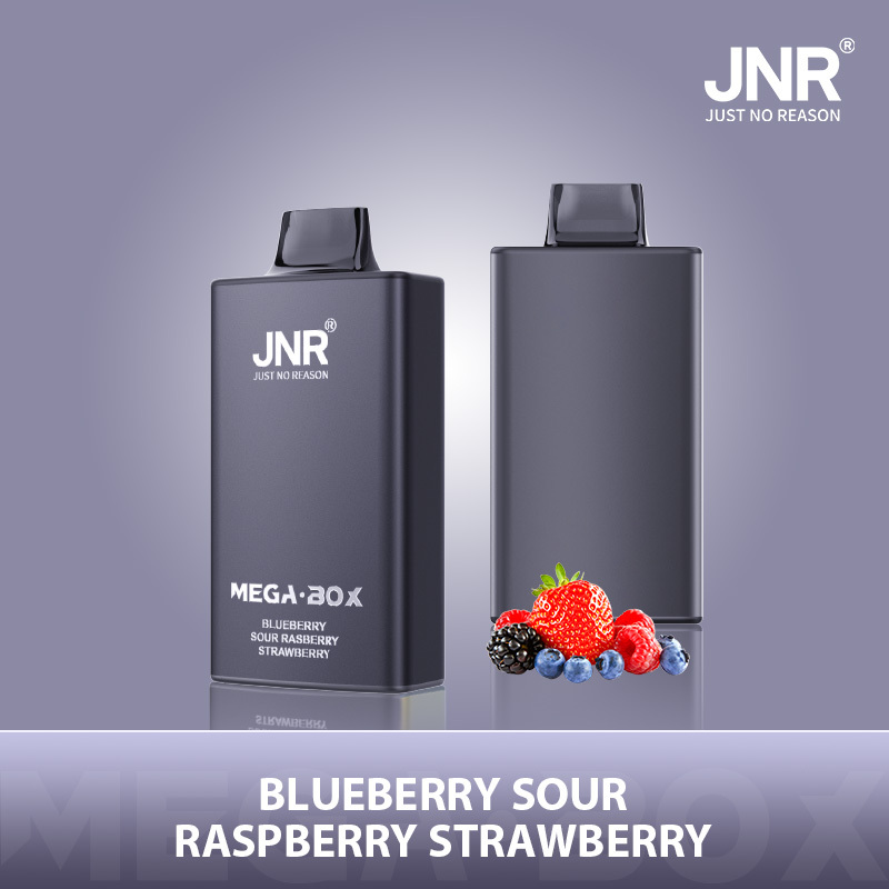 JNR Mega Box Vape showcasing blueberry sour raspberry strawberry juice flavor, providing 25,000 puffs in total.
