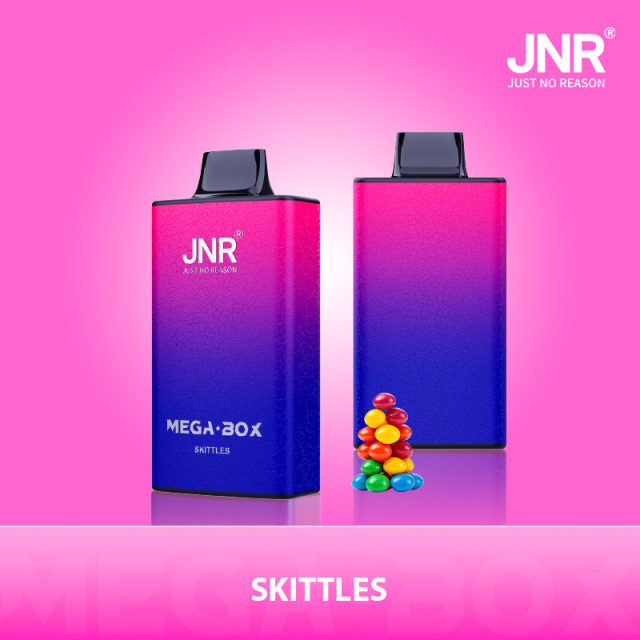 JNR Skittles pod kit, featuring a Mega Box vape with 25K puffs and a sweet Skittles flavor.