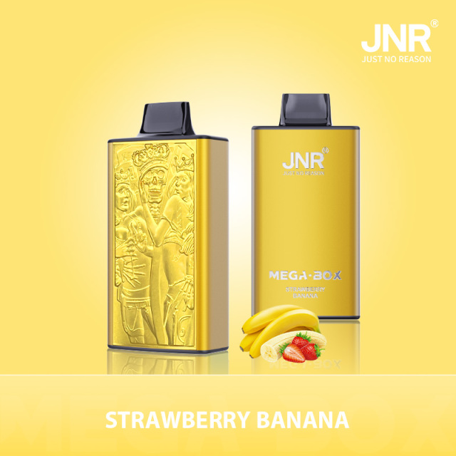 A yellow box with a banana design, representing JNR Mega Box Vape, offering 25K puffs in strawberry banana flavor.