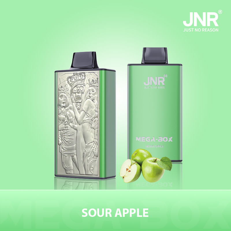 Juice box featuring JNR Mega Box Vape, 25K puffs, with a SOUR APPLE flavor design.