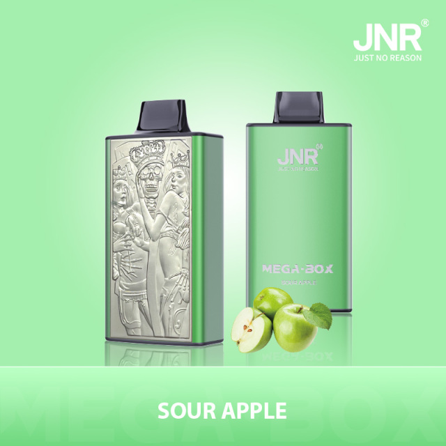 Juice box featuring JNR Mega Box Vape, 25K puffs, with a SOUR APPLE flavor design.