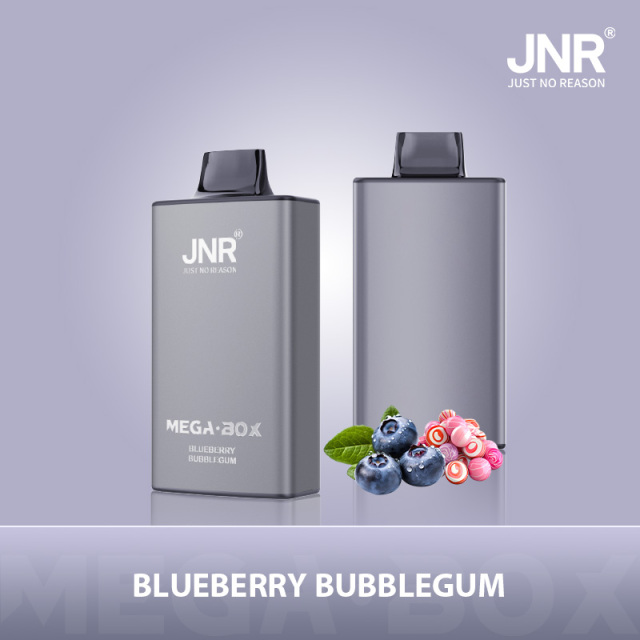 JNR Mega Box Vape featuring Blueberry Bubble Gum flavor, offering 25,000 puffs in a vibrant blue packaging.