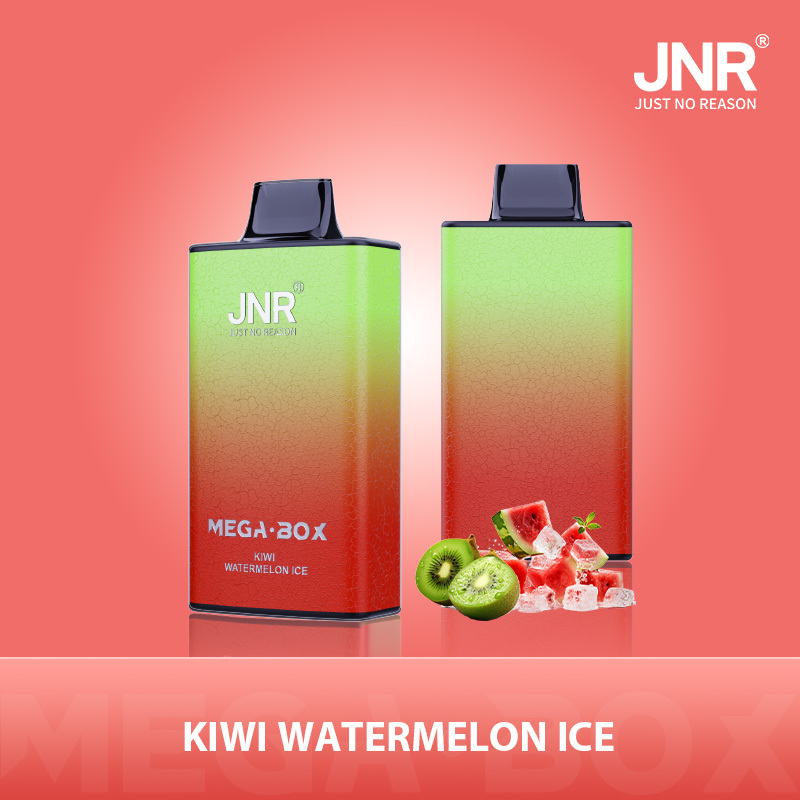 JNR Mega Box Vape, showcasing Kiwi Watermelon Ice flavor, each offering 25K puffs.
