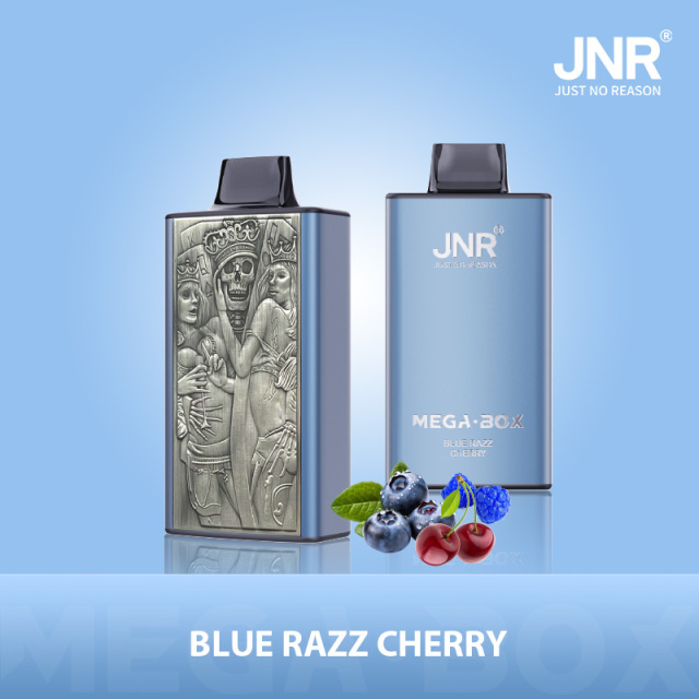 JNR Mega Box Vape packaging featuring BLUE RAZZ CHERRY flavor, offering 25K puffs for an extended vaping experience.