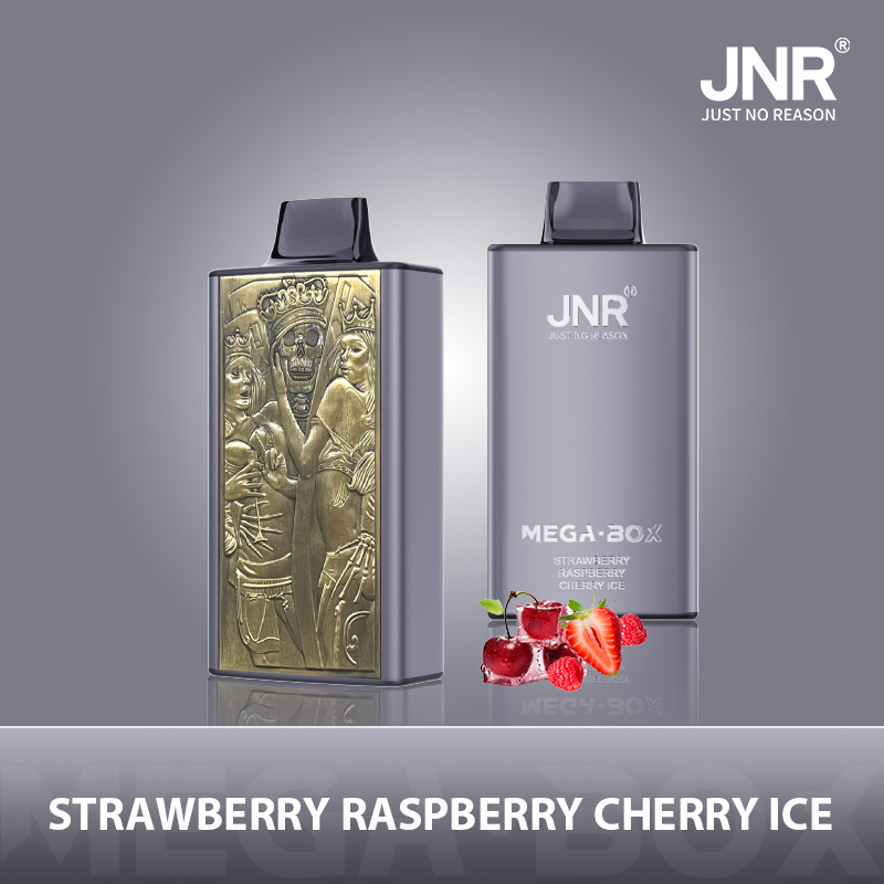JNR Mega Box vape featuring strawberry raspberry ice flavor, adorned with gold foil, providing 25K puffs.