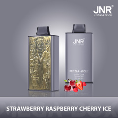 JNR Mega Box vape featuring strawberry raspberry ice flavor, adorned with gold foil, providing 25K puffs.