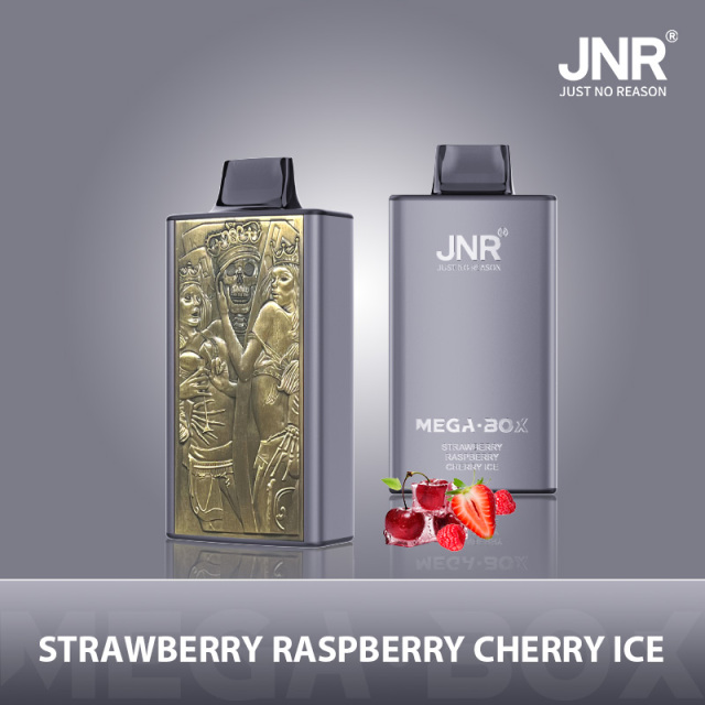 JNR Mega Box vape featuring strawberry raspberry ice flavor, adorned with gold foil, providing 25K puffs.