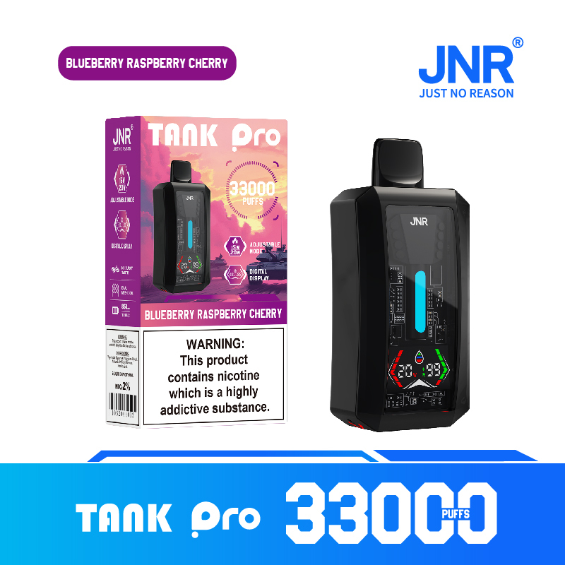JNR Tank Pro vape device, featuring 33,000 puffs in blueberry raspberry cherry flavor.