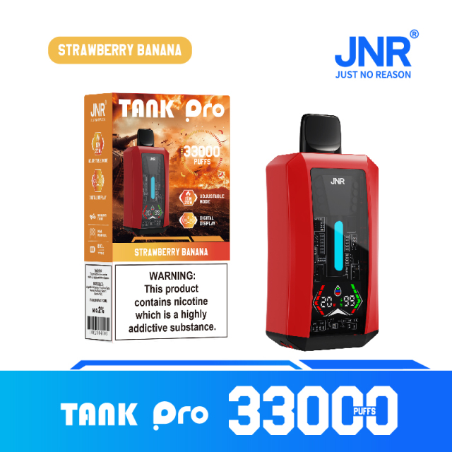 JNR Tank Pro 3 device offering 33,000 puffs in Strawberry Banana flavor.
